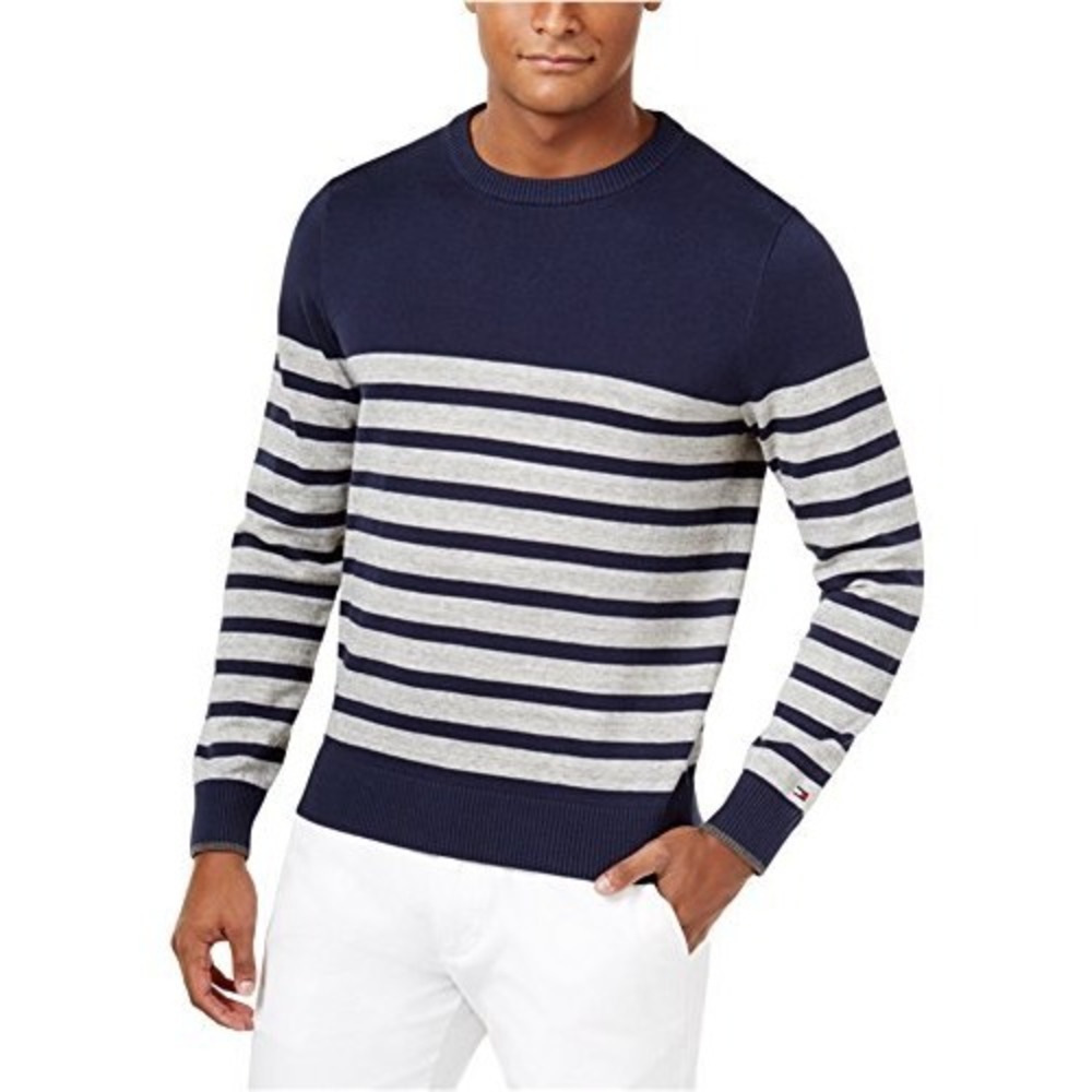Tommy Hilfiger Mens Sweater M Navy Grey Striped Cotton Crewneck Knit Pullover
